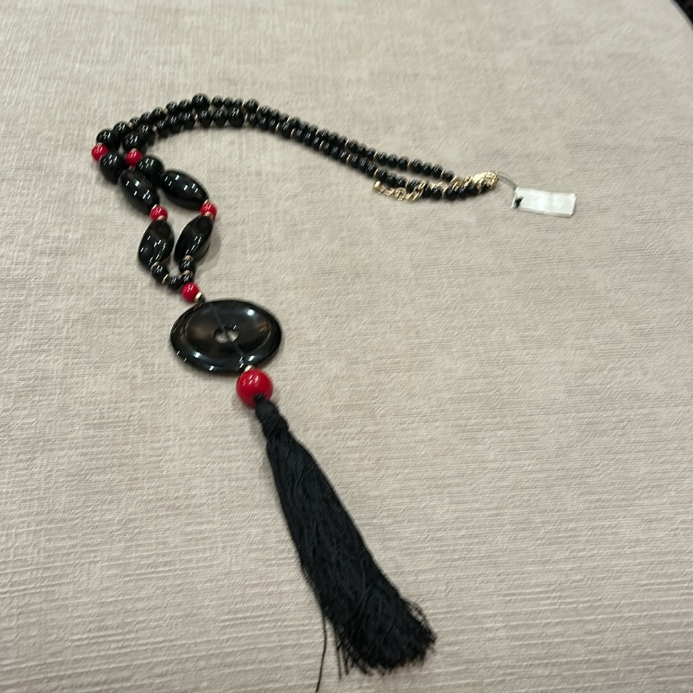 NWT Chico’s Carly Asian theme long black and red necklace with tassel pendant